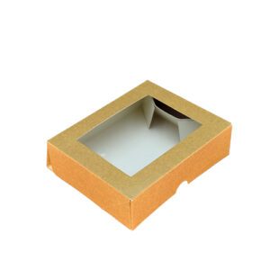 Poklon-kutija od kartona, smeđa, s prozorčićem, dimenzije 160×130×46 mm, 100 kom